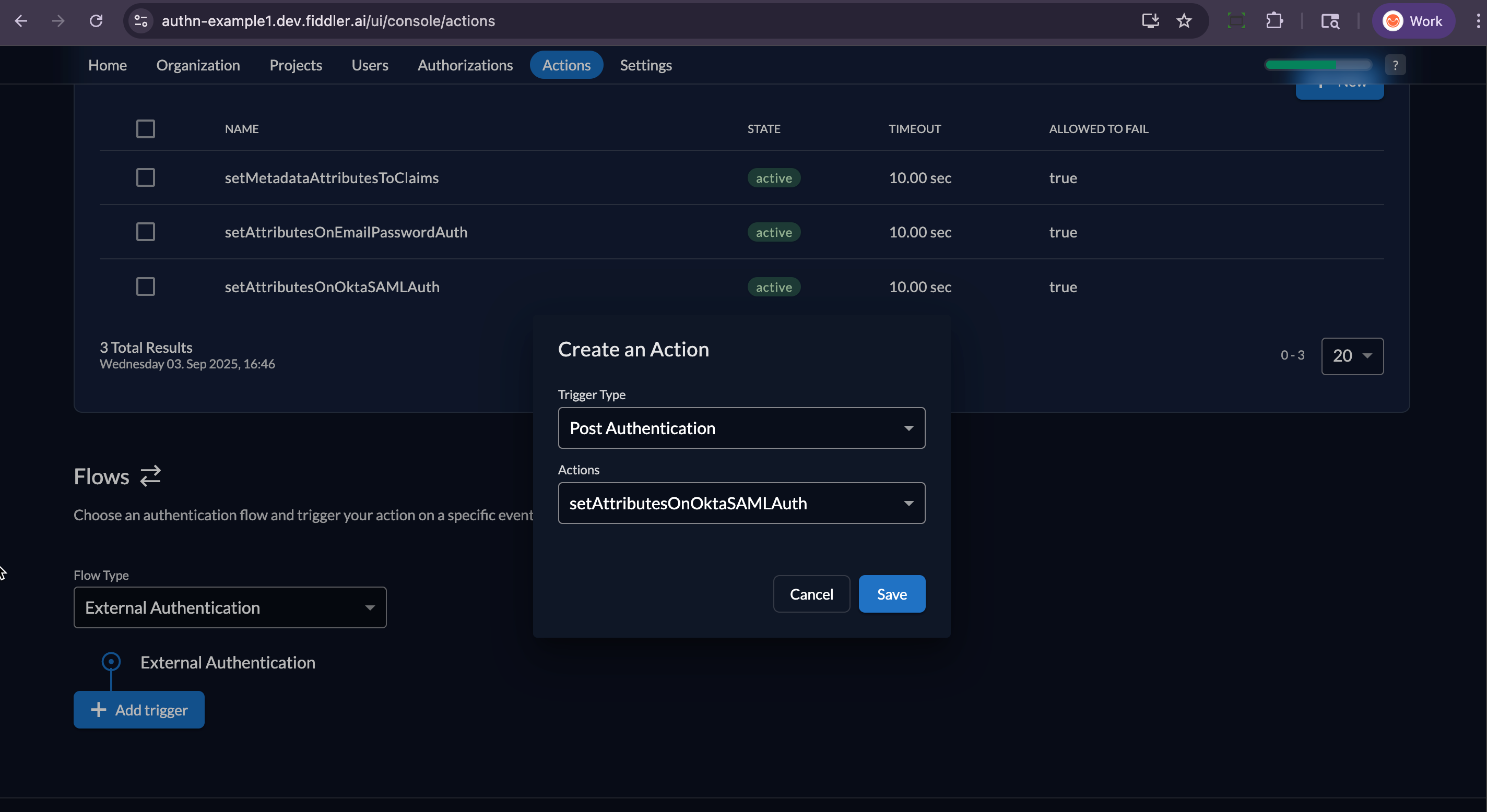 Fiddler AuthN console new Action trigger creation