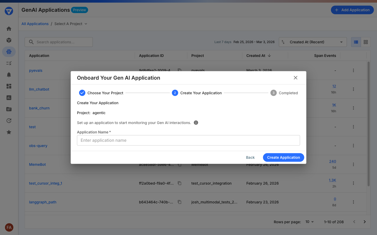 Add Application dialog showing application name entry for the selected project