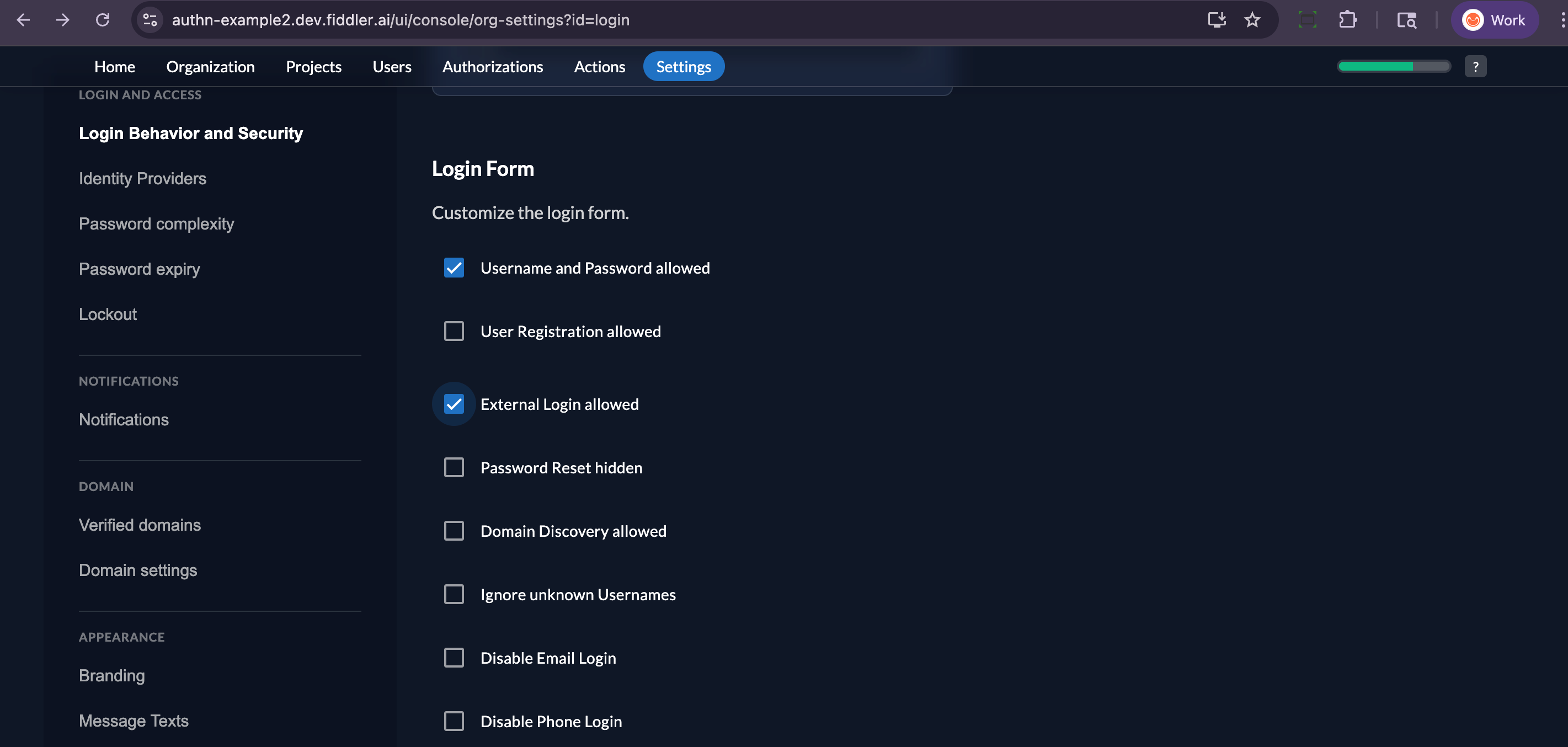 Fiddler AuthN console allow external login behavior