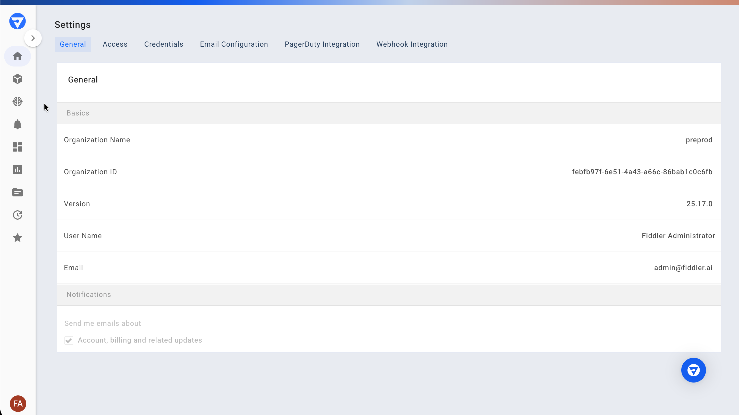 General tab of the Settings page.