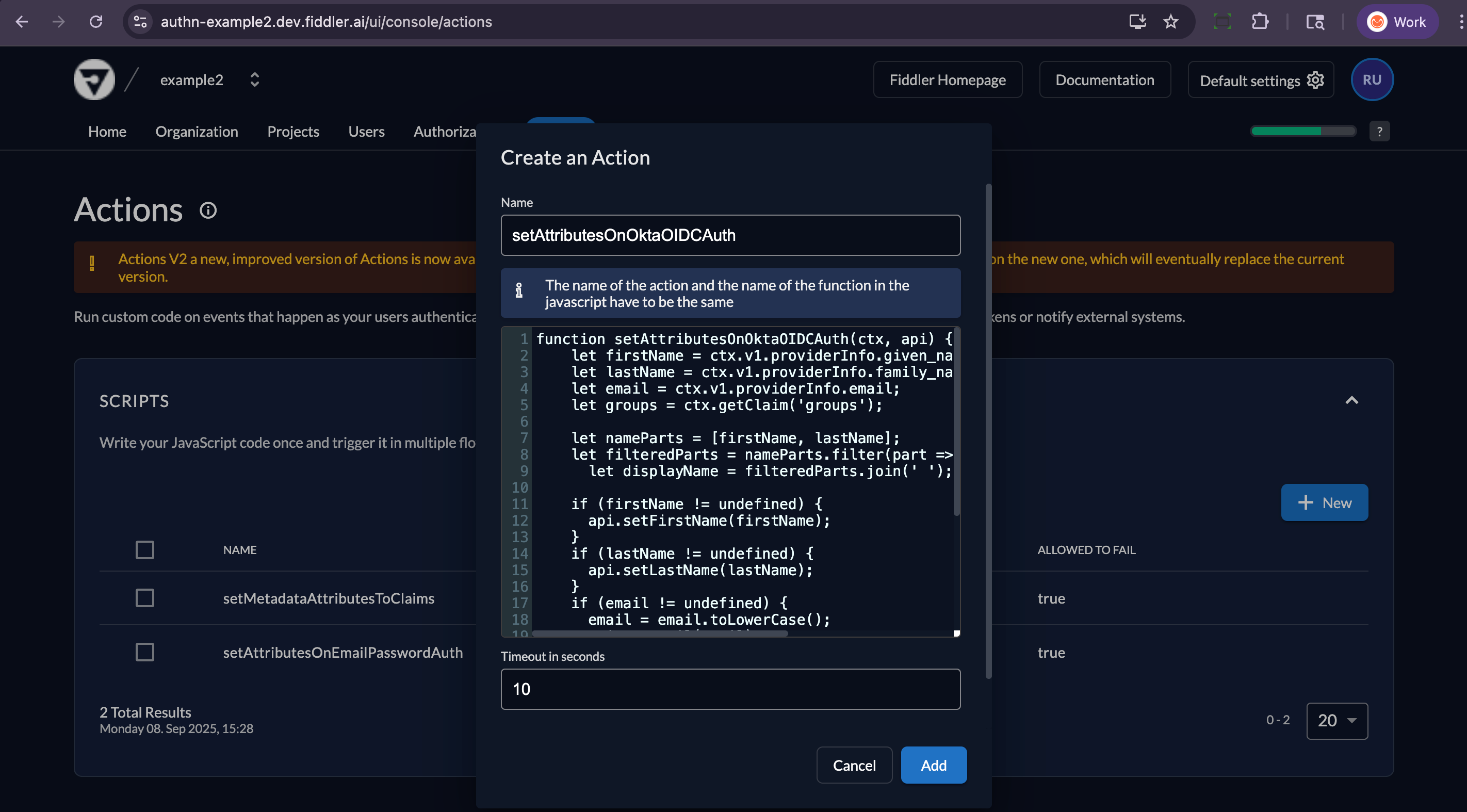 Fiddler AuthN console new custom Action script