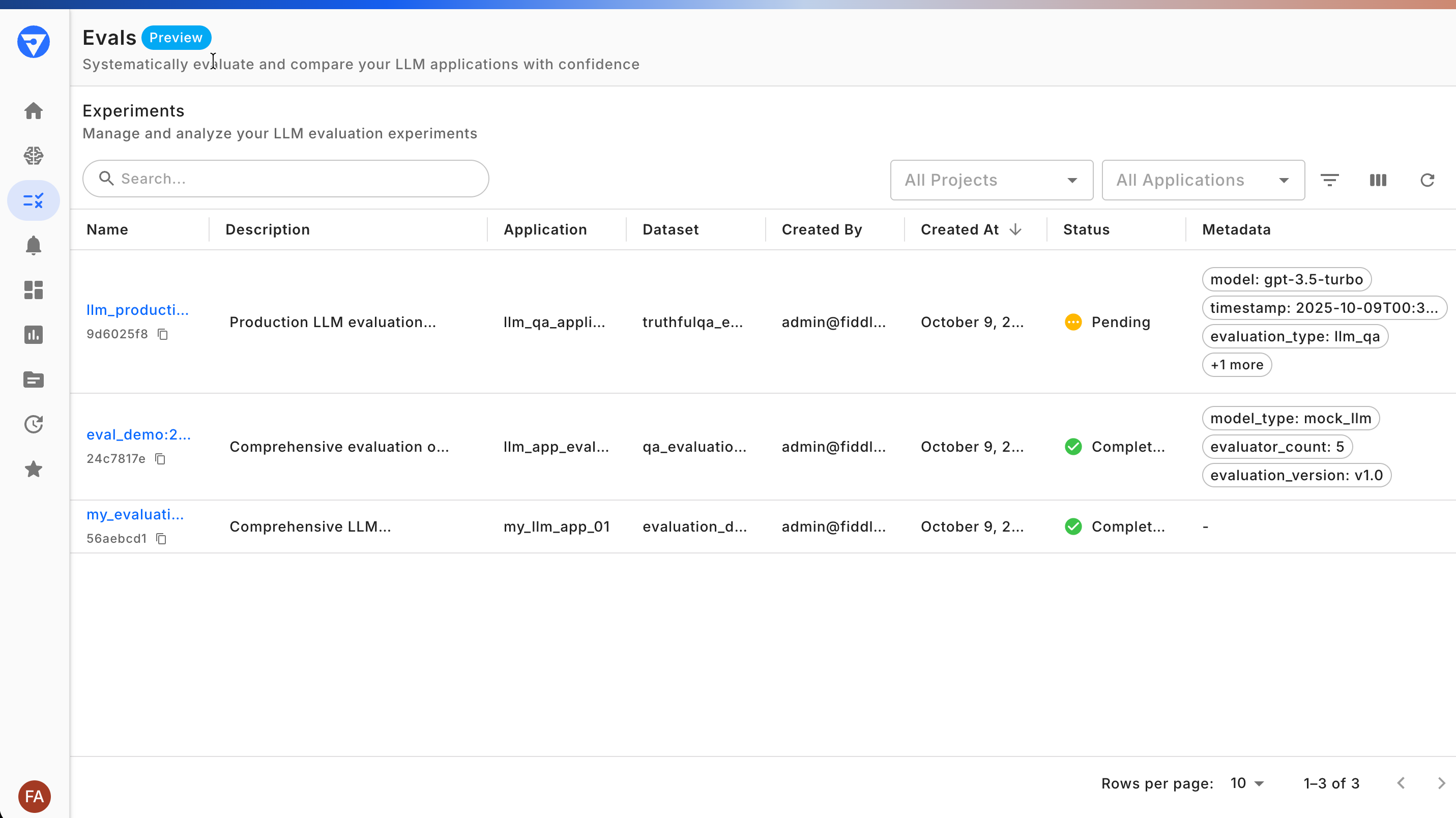 Fiddler Experiments dashboard showing searchable table of experiment runs with status indicators (completed, in progress, failed), dataset names, metadata tags, and action buttons for viewing and comparing experiments