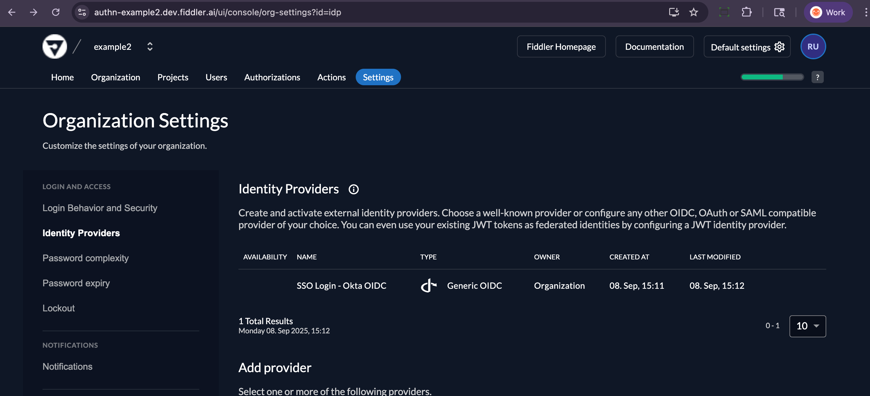 Fiddler AuthN console with newly created Okta OIDC IdP