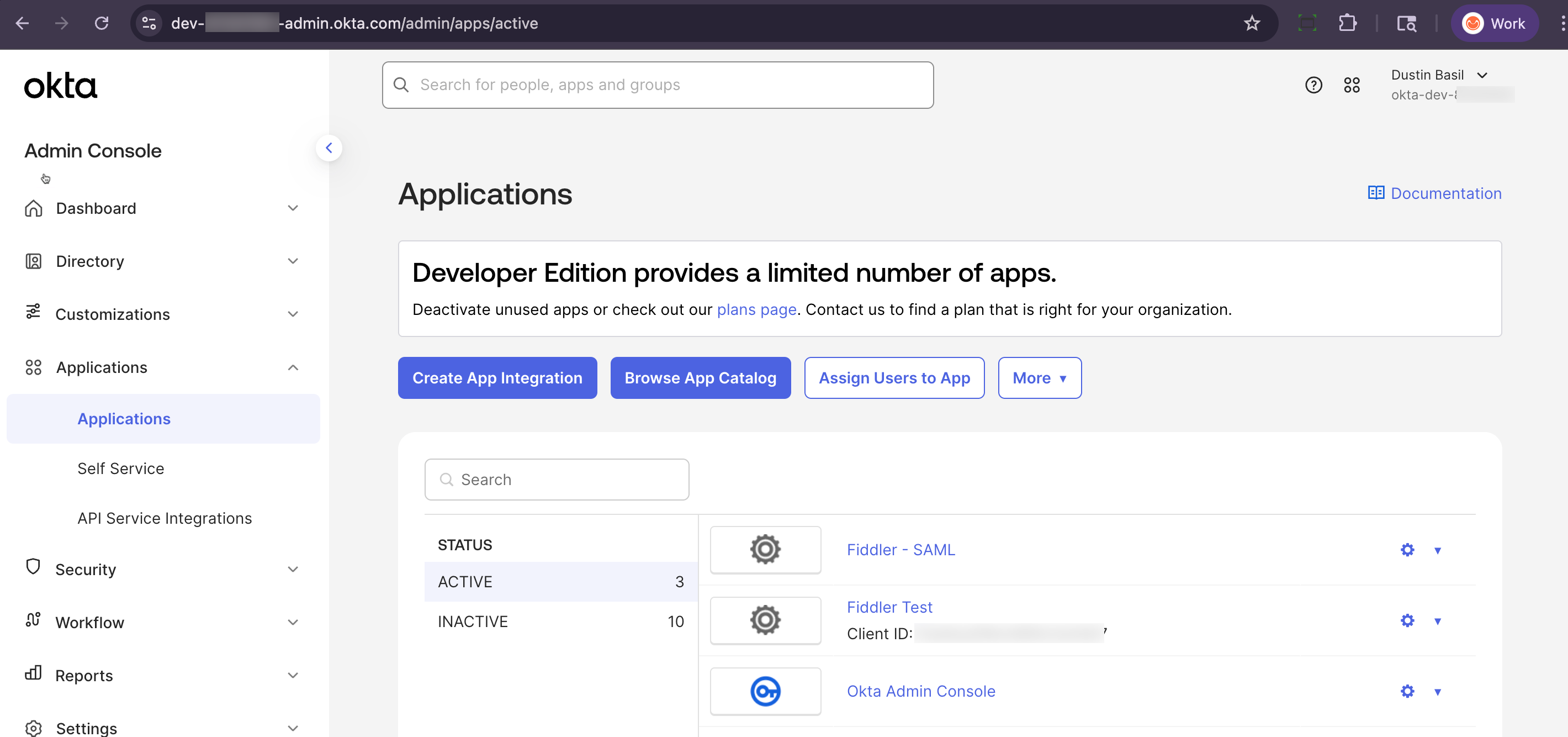Okta admin console Applications page