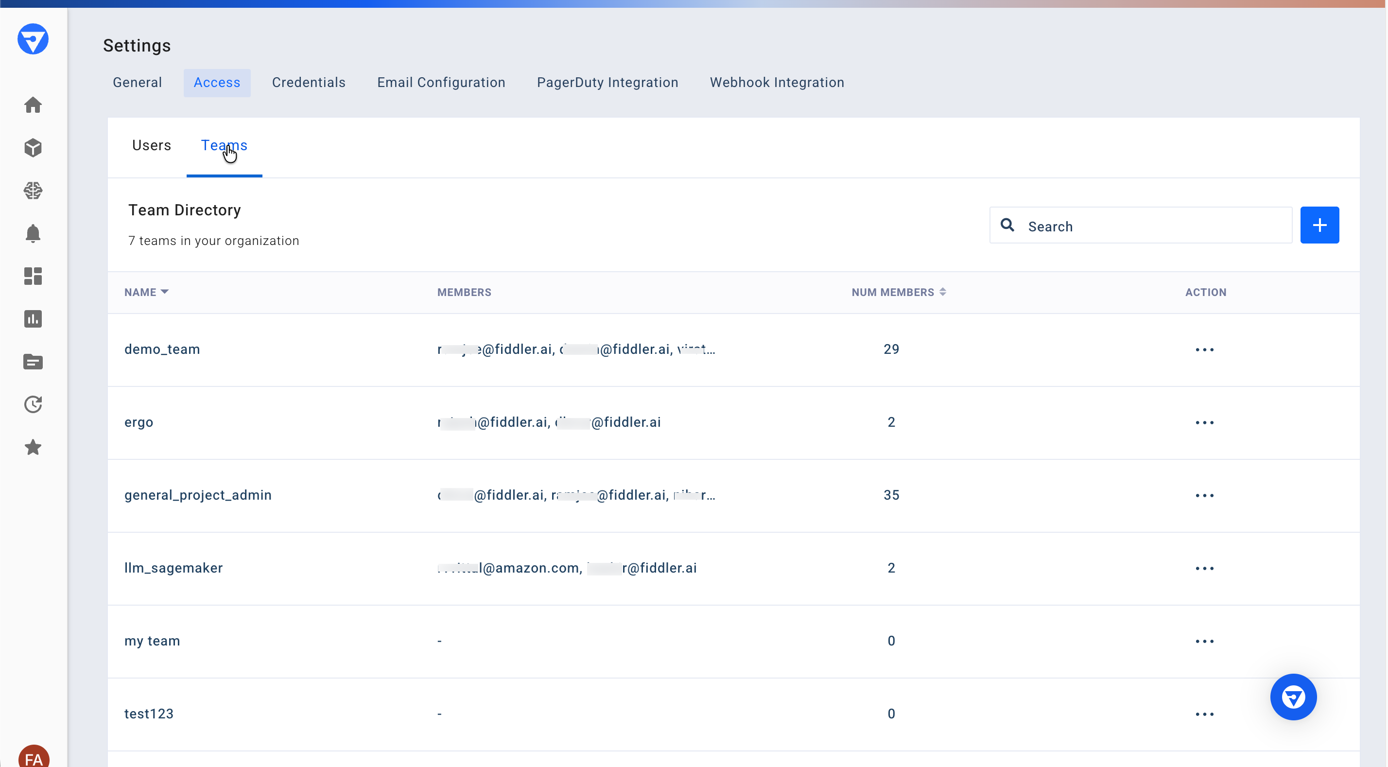 Teams sub-tab of the Access tab on the Settings page showing a list of teams