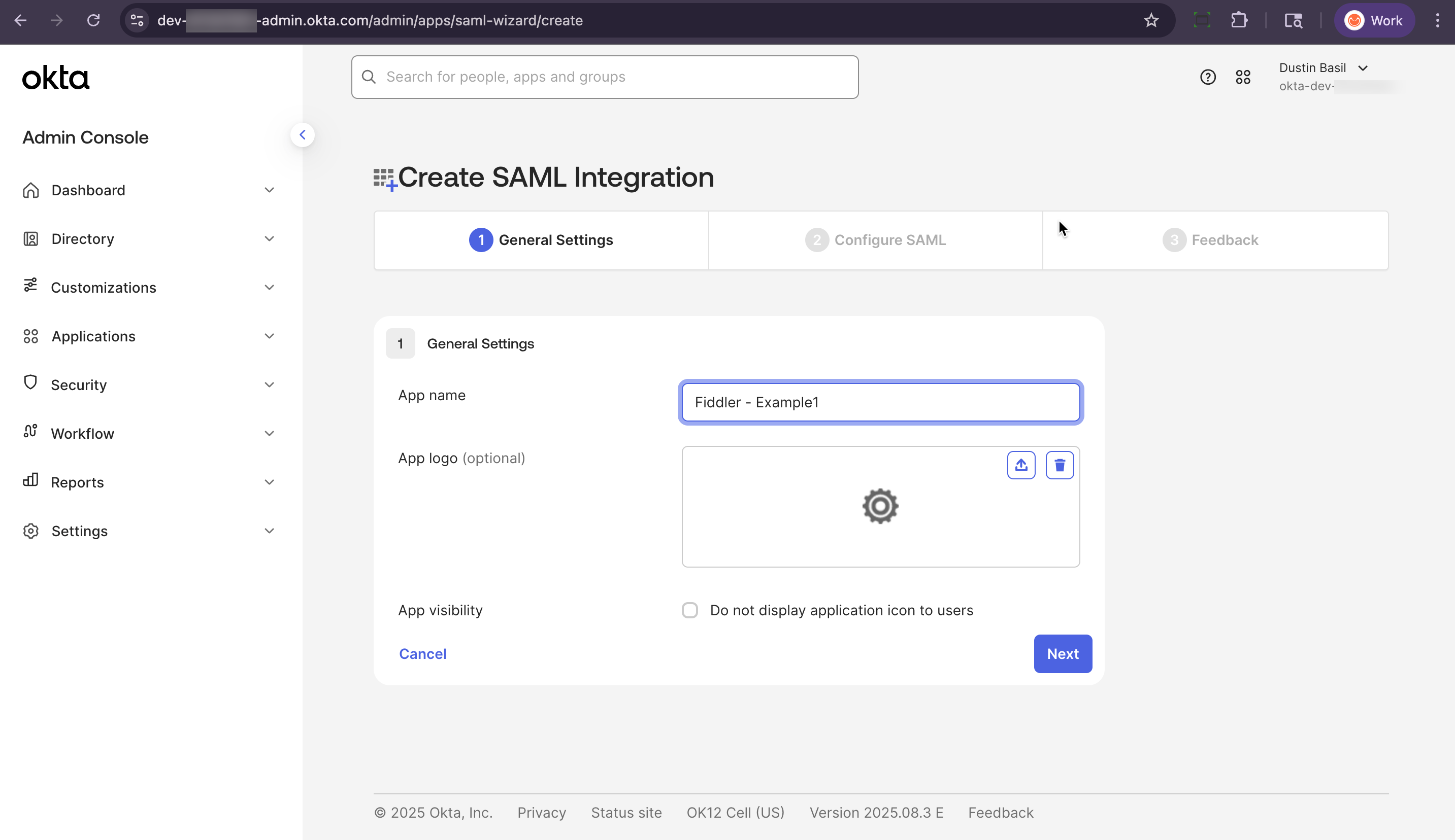 Okta admin console enter your new app name