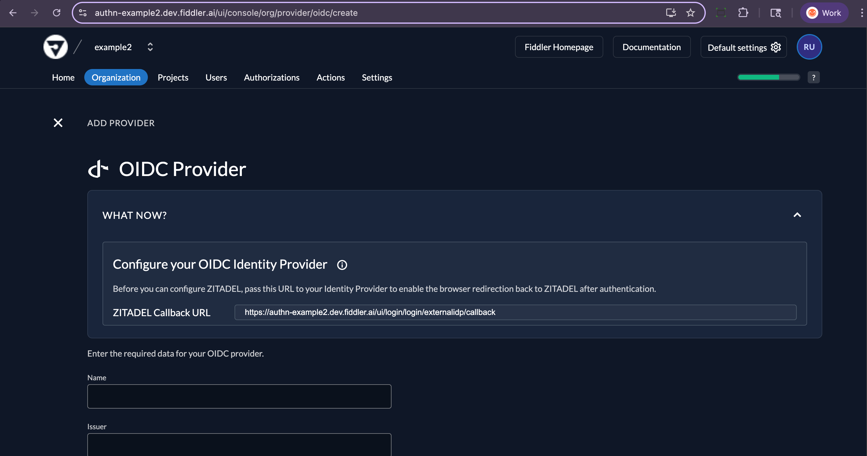 Fiddler AuthN console add new OIDC provider form with callback URL