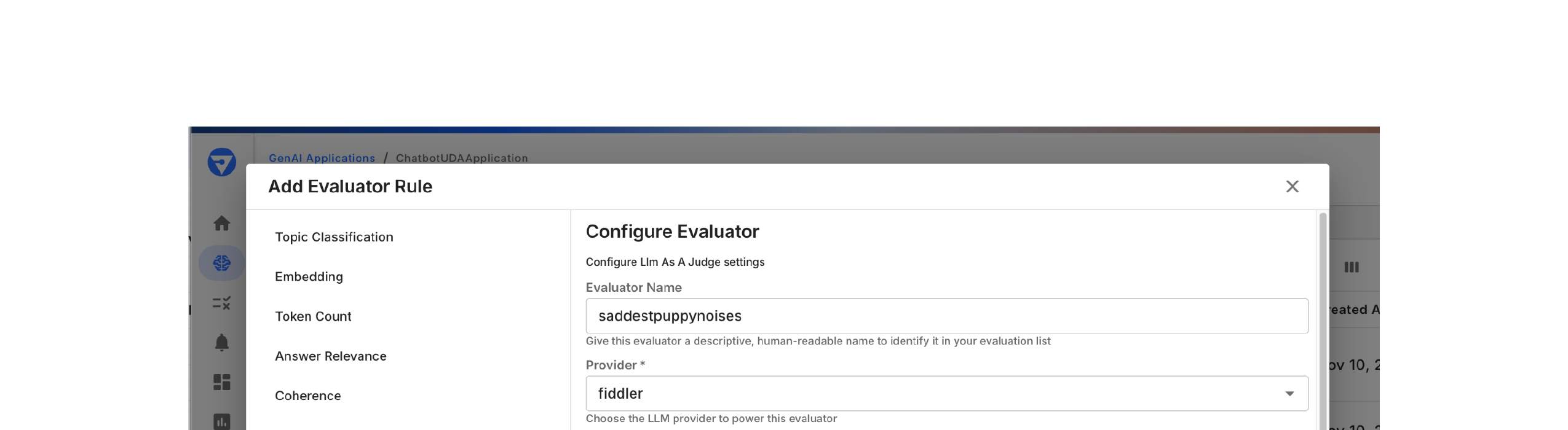 Select an evaluator from the available list