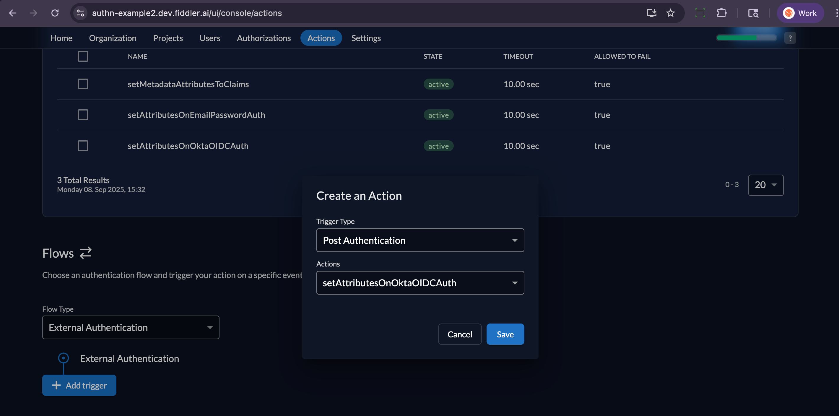 Fiddler AuthN console new Action trigger creation