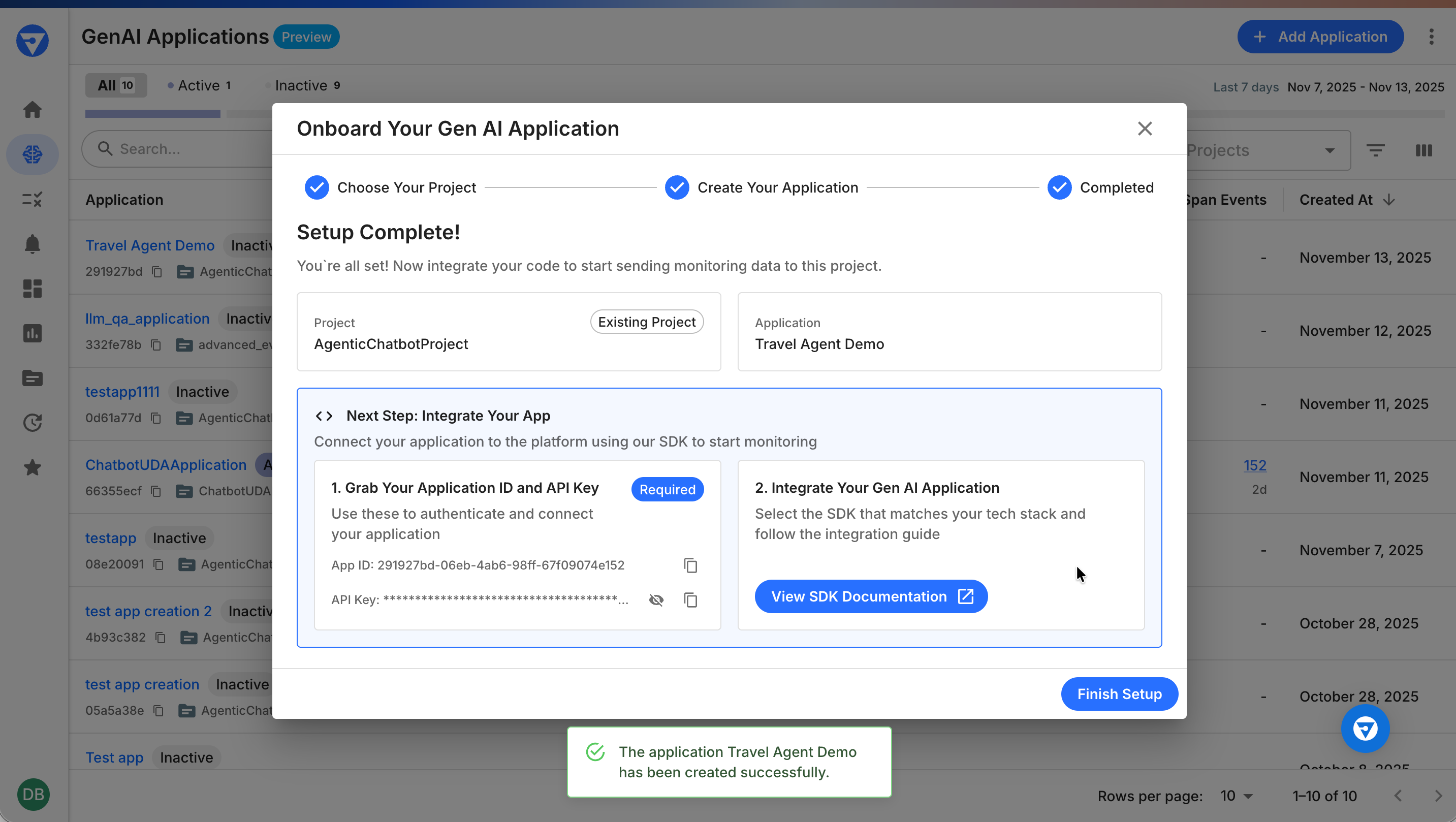 Add Application dialog showing completed application setup with credentials