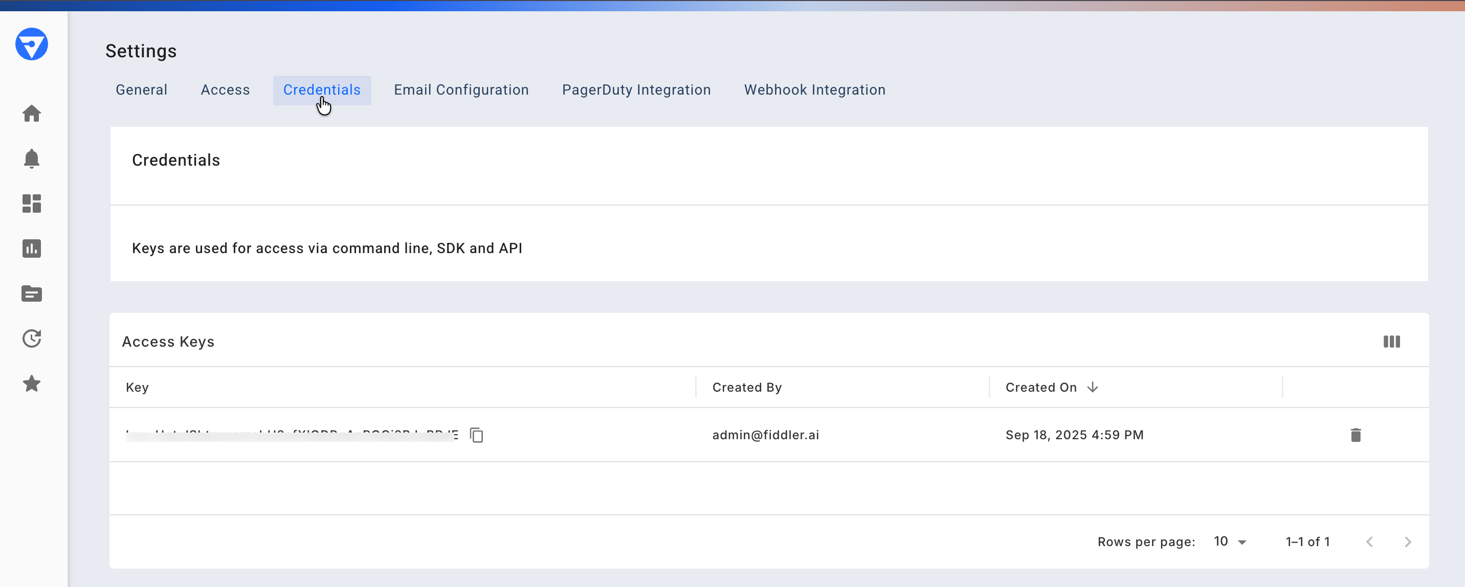 Credentials tab showing personal access tokens with Create Key button highlighted.
