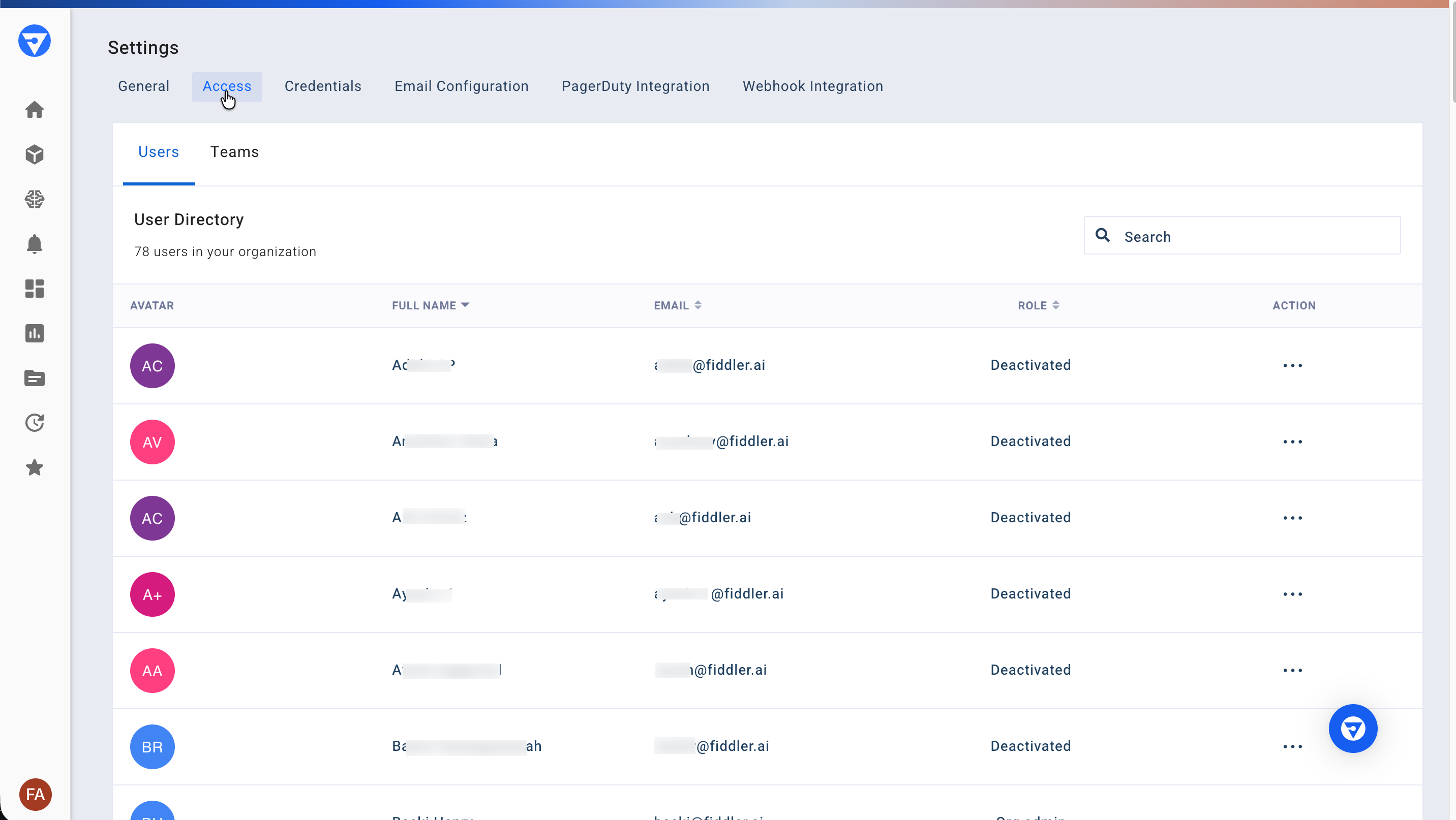 Users sub-tab of the Access tab on the Settings page showing a list of users.