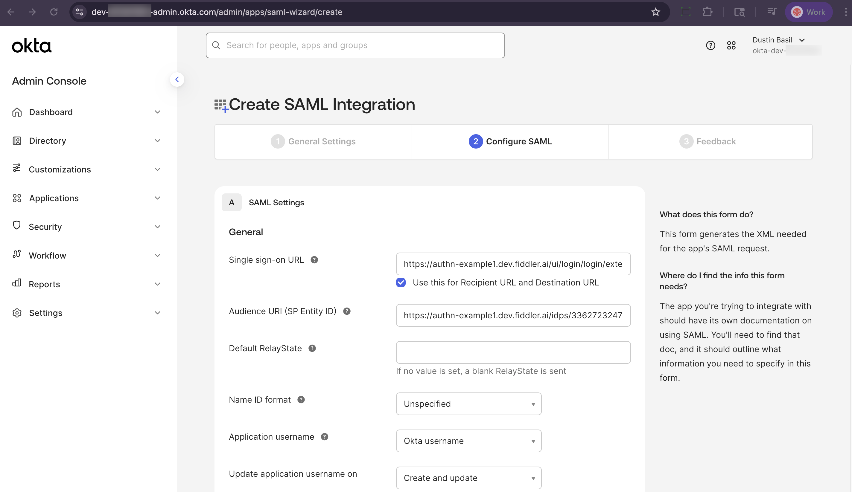 Okta admin console configure SAML settings