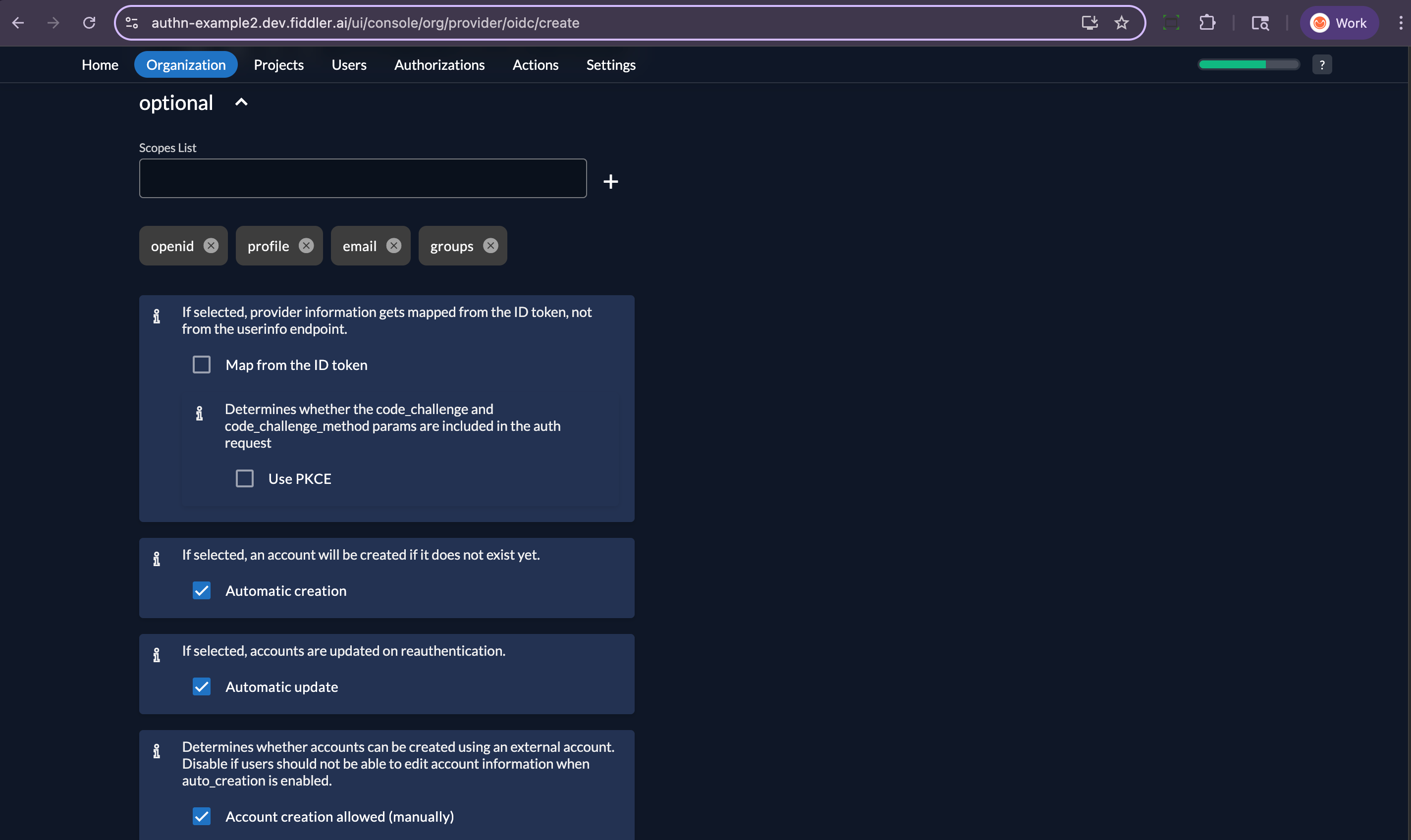 Fiddler AuthN console additional required settings