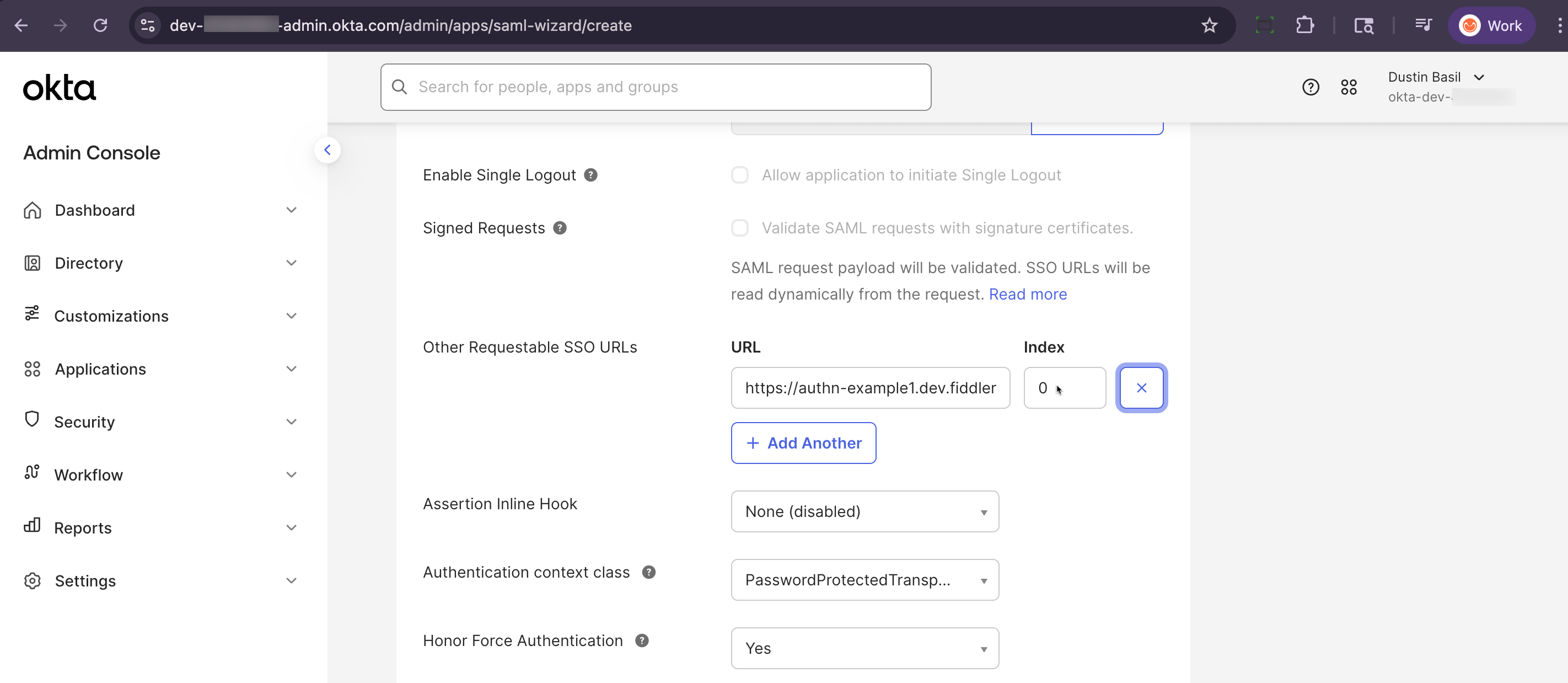 Okta admin console configure SAML settings - requestable URL