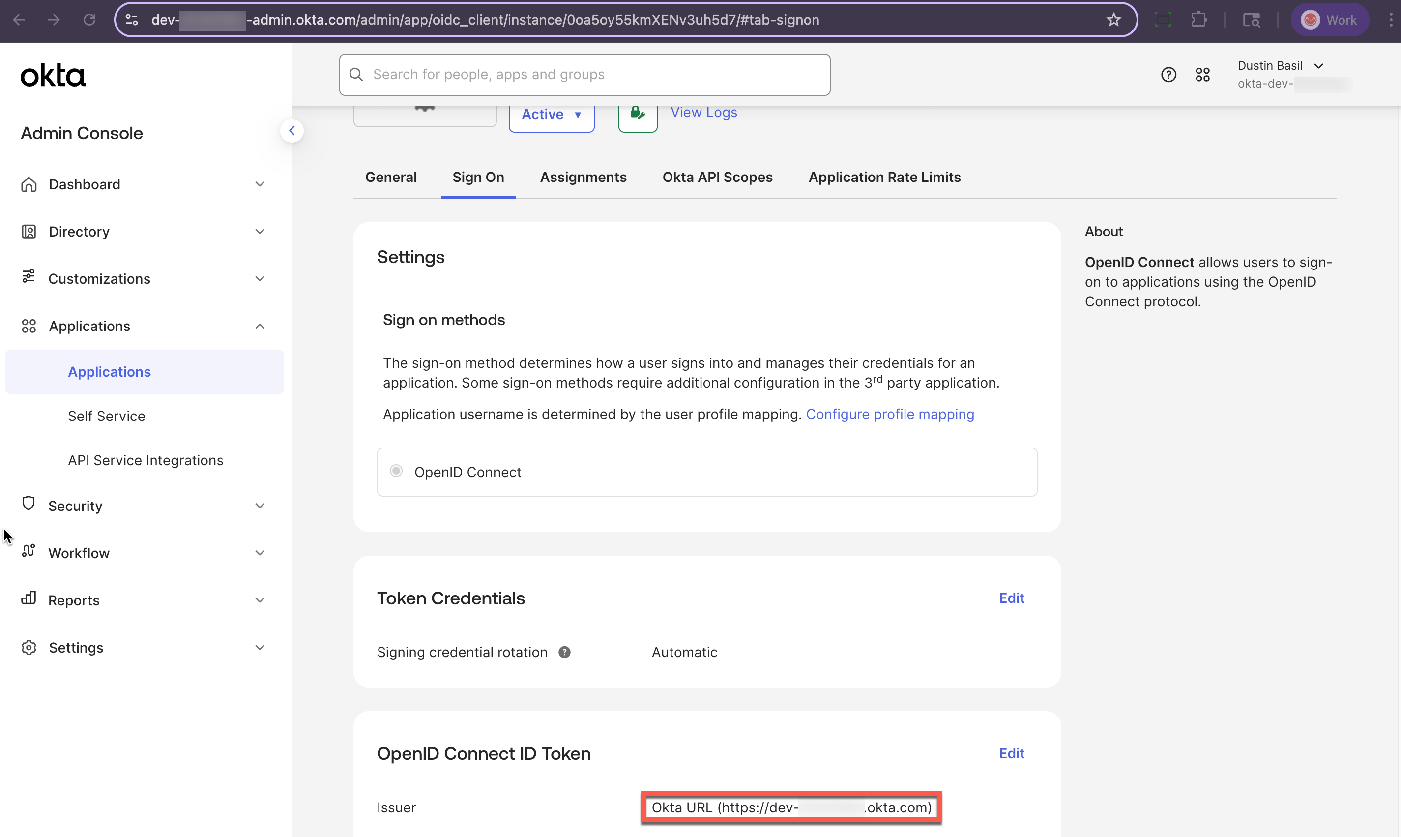 Okta admin console application page with client id and secret