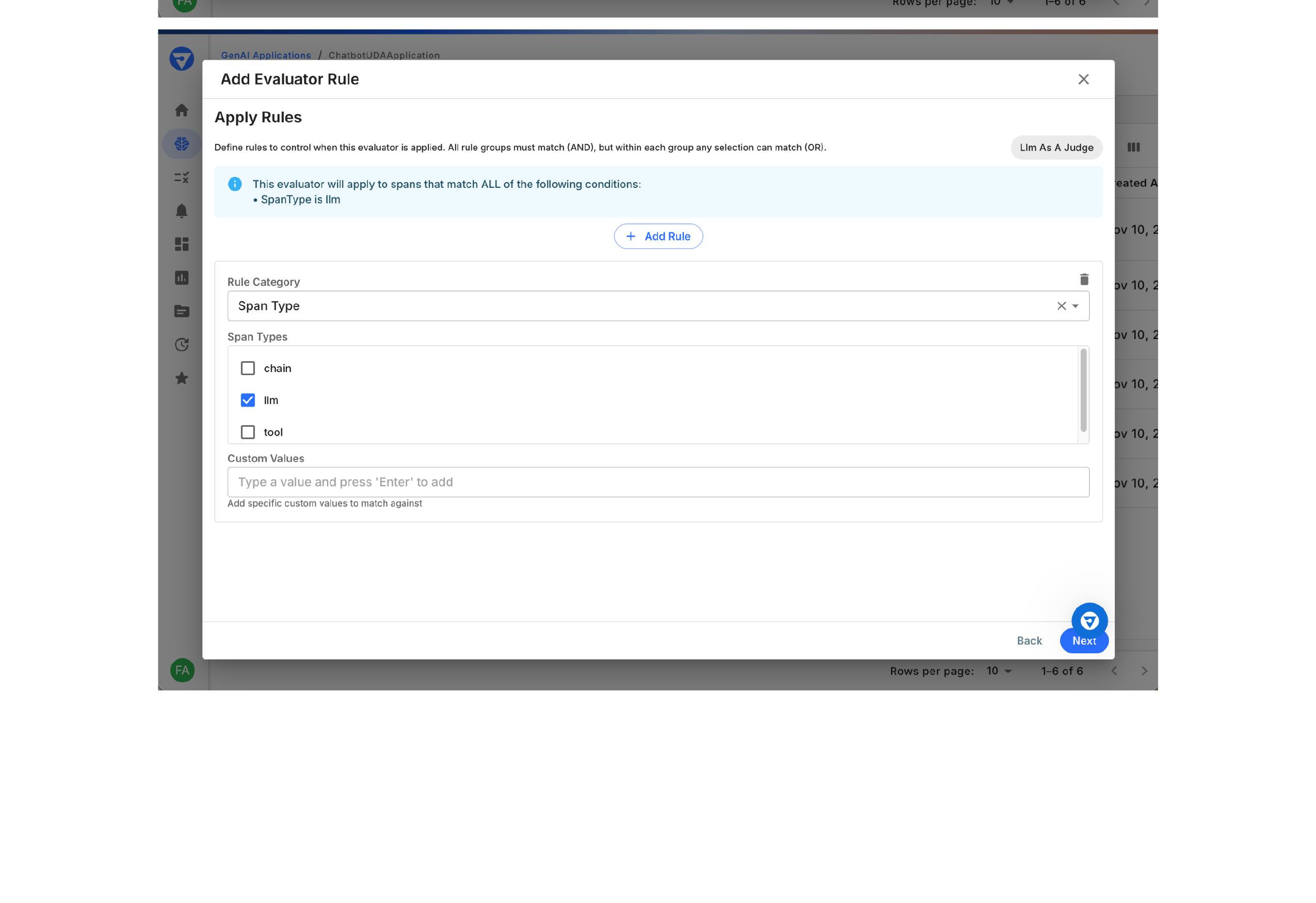 Define application rules to filter which spans are evaluated