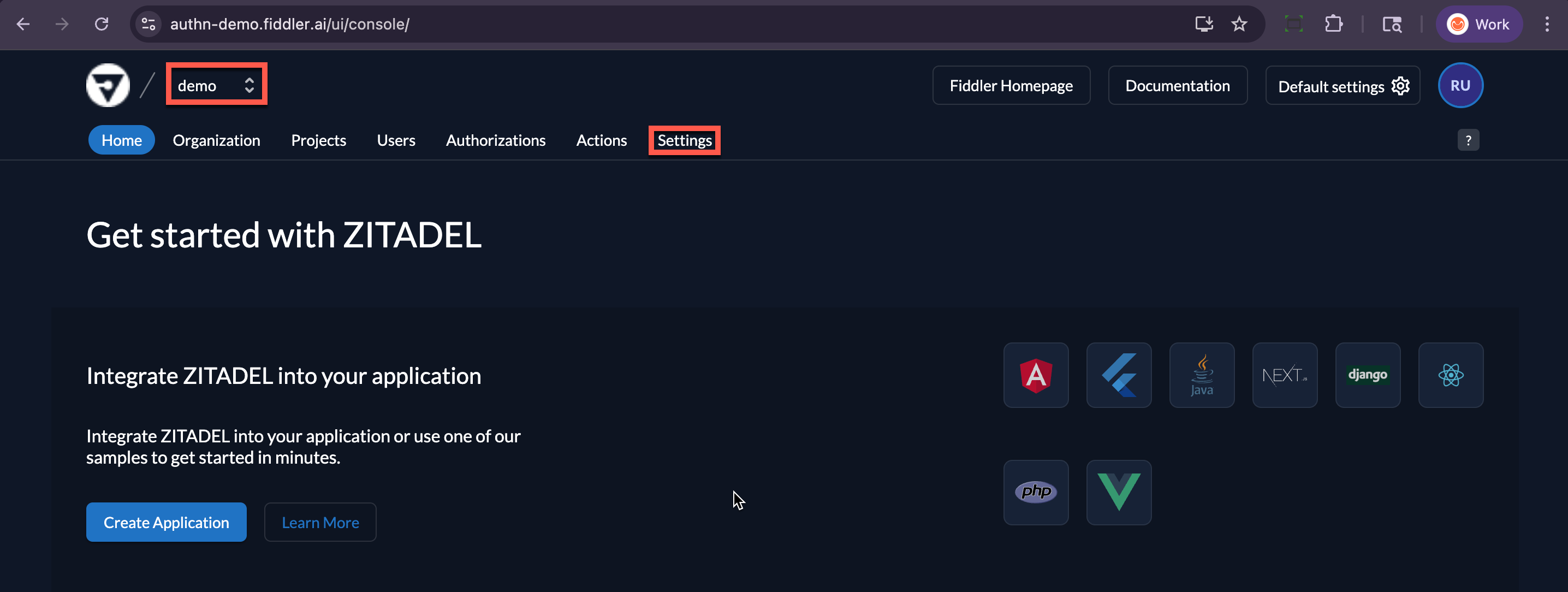 Fiddler AuthN console home page