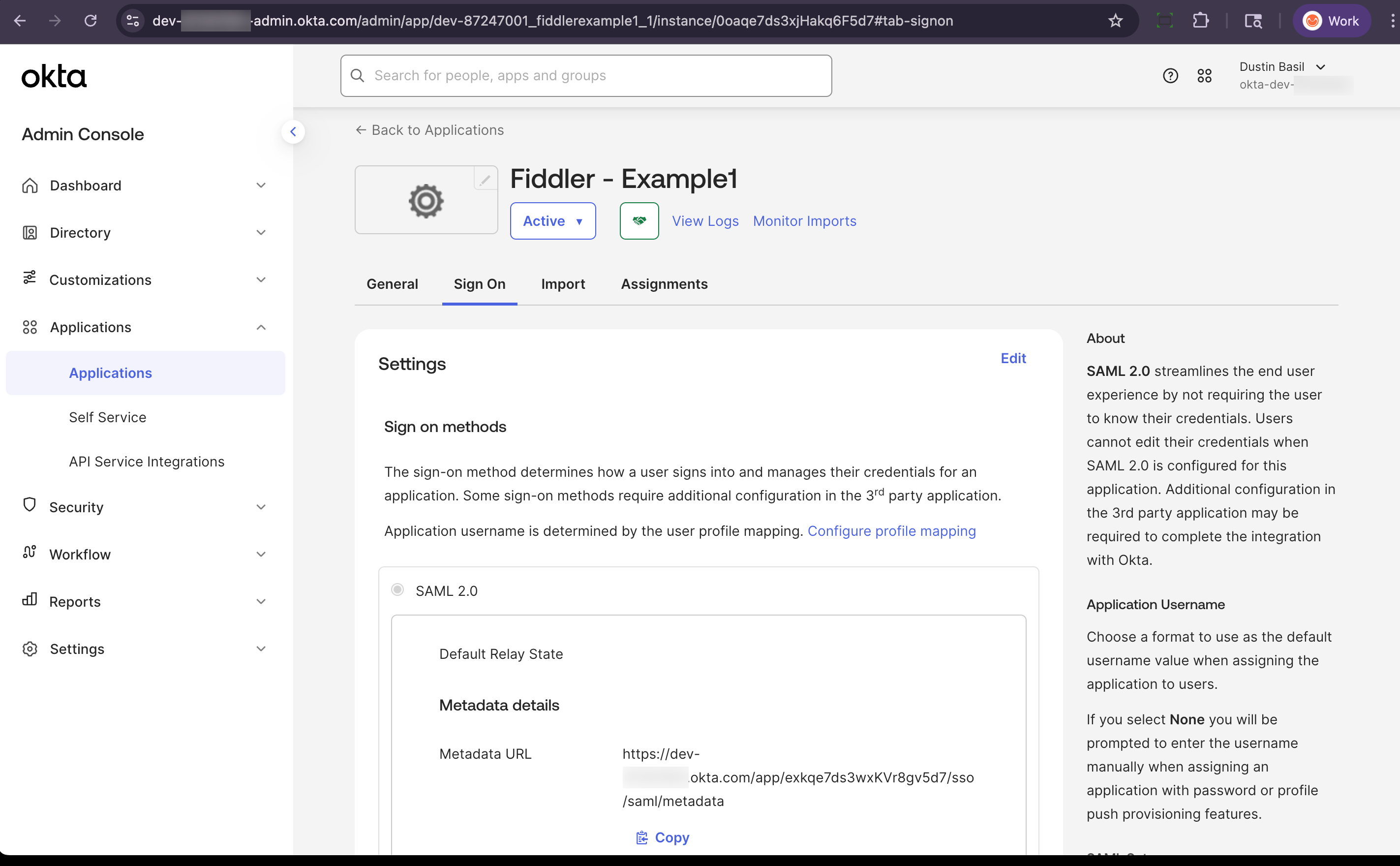 Okta admin console configure SAML settings - copy metadata URL