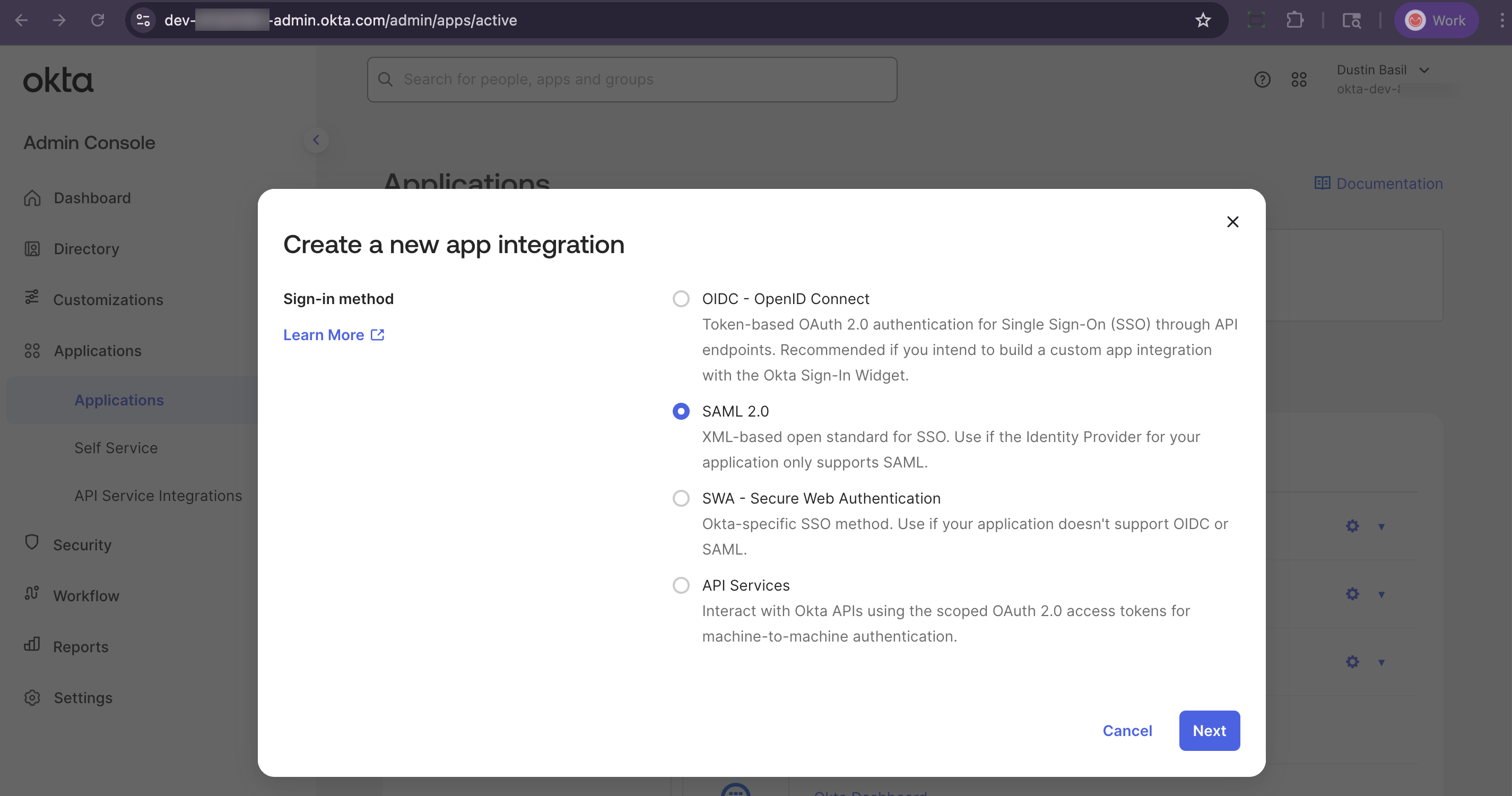 Okta admin console select SAML 2.0 sign-in method