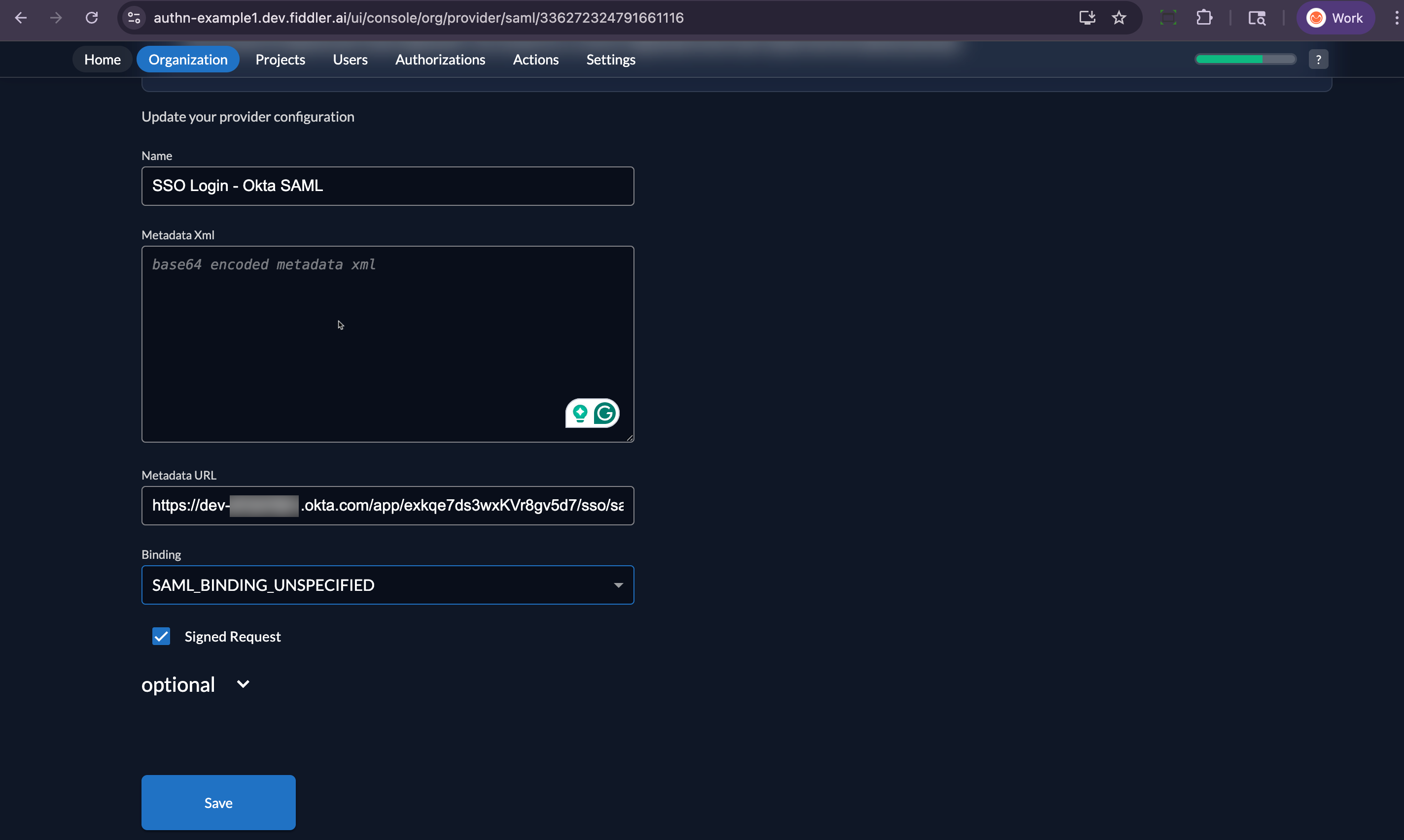 Fiddler AuthN console clear Metadata Xml and paste in Metadata URL