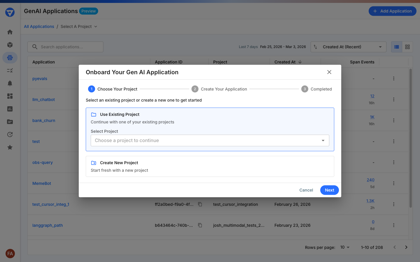 Add Application dialog showing options to use an existing project or create a new one