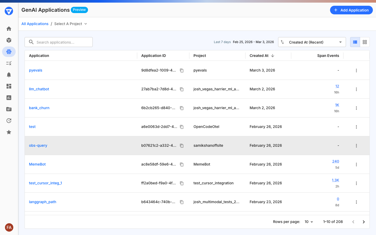GenAI Applications page showing applications with project breadcrumb navigation and sort controls