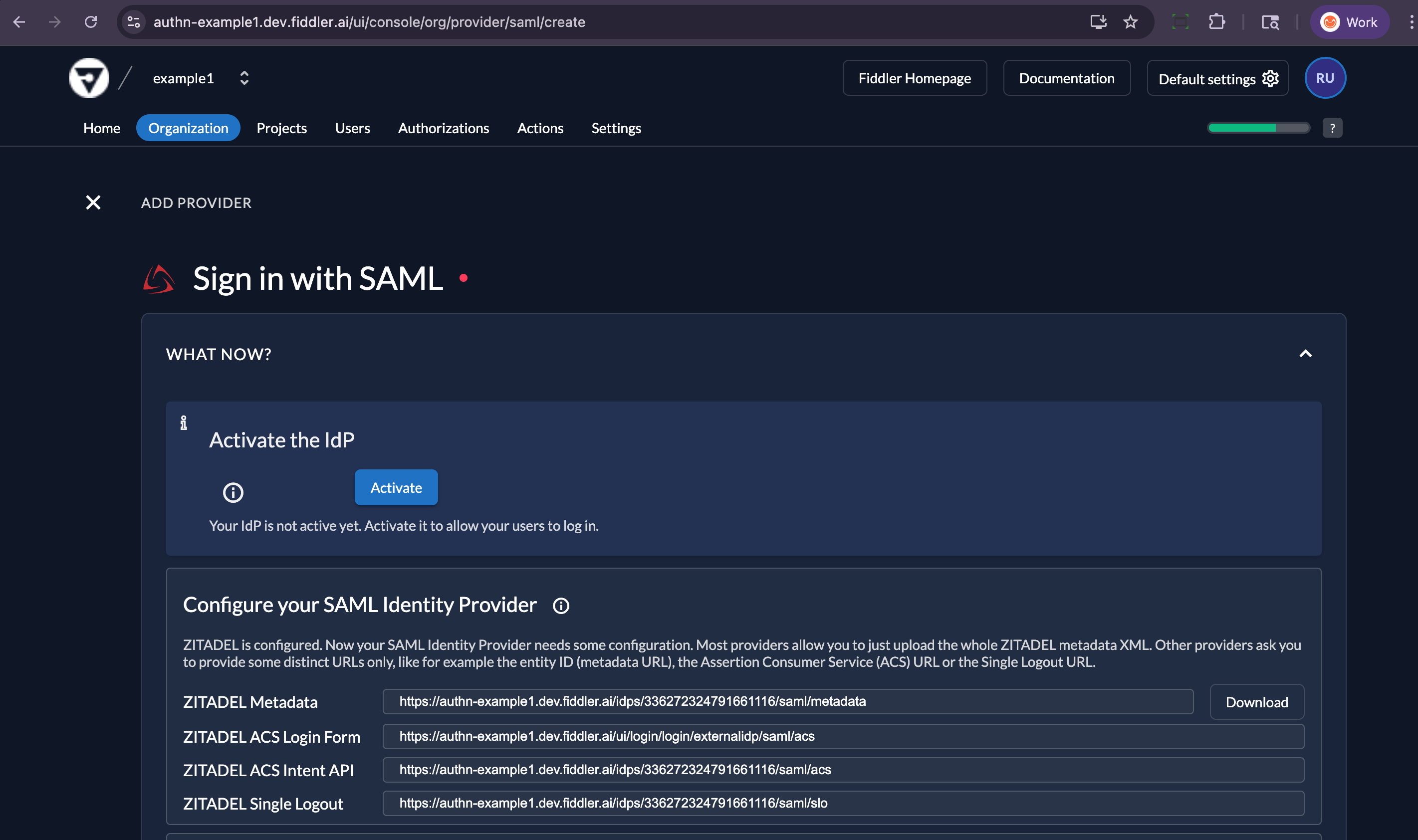 Fiddler AuthN console create IdP login and URLs required for SAML IdP configuration in Okta.